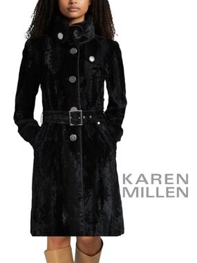 KAREN MILLEN Rare Signature Ponyskin Tailored Buckle Trench Coat